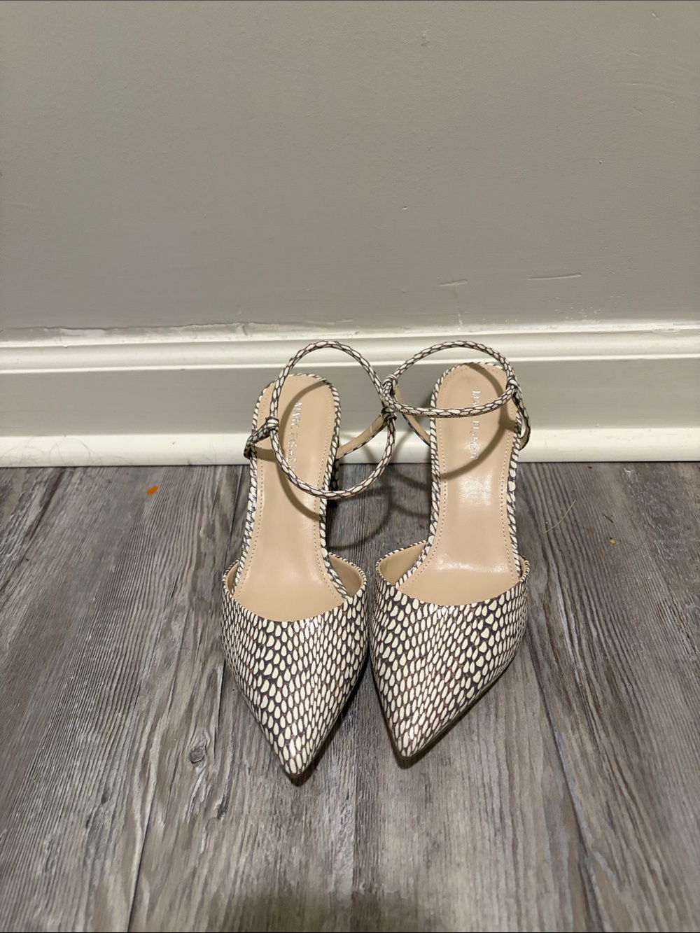 Marc Fisher Cream and Black Snake-Print Pointed Ankle-Strap Heels
